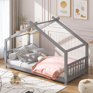 Sunvega Twin Size Gray Playhouse Design Wood Bed with Sturdy Pinewood Frame
