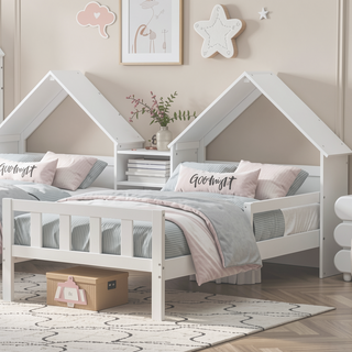Sunvega Sturdy Solid Pine Wood Double Twin Size House-shaped Headboard Platform Bed