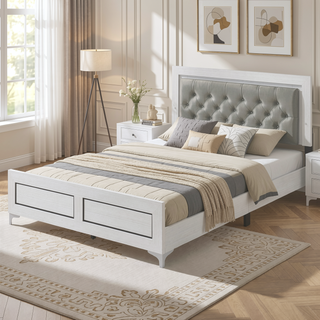 Sunvega Contemporary White Queen Size Platform Bed with LED Light Headboard