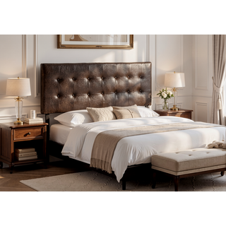 Sunvega Brown Leather Look Queen Size Button Tufted Upholstered Headboard