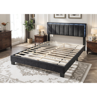 Sunvega Queen Size Bed with Channel Tufted Wool Upholstered Headboard and LED Lights