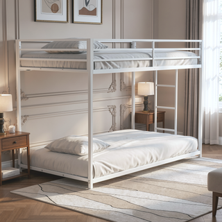 Sunvega Low Bunk Bed with Reversible Ladder and Full Metal Construction in Matte White