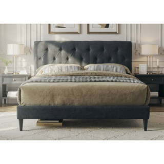 Sunvega Queen Upholstered Pleated Bed in a Box with Sturdy Dark Brown Frame