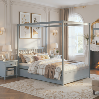 Sunvega Full Size House Canopy Bed Frame with Twin Trundle and Headboard Grey