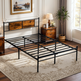 Sunvega King Size Metal Bedframe with Wood Panel Headboard and Under Storage