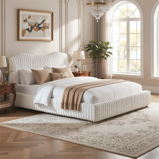 Sunvega King Size Upholstered Bed with Wavy Headboard and Clean Vertical Stitching