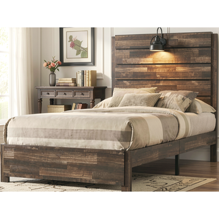 Sunvega Rustic Butcher Block Full Size Bed with Headboard Lamp and Black Pulls