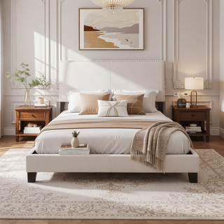 Sunvega Full Bed with Nailhead Trim and Solid Wood Legs in Modern Black Finish