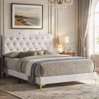 Sunvega Queen Panel Bed with Diamond Tufted Headboard and Gold Legs