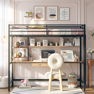 Sunvega Twin Metal Loft Bed with Desk and Shelf in Clean Painted Finish