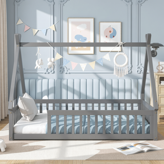 Sunvega Twin Tent Teepee Bed with Guardrails Slats in Grey