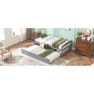 Sunvega White Twin Size Platform Bed with Trundle and Headboard Footboard