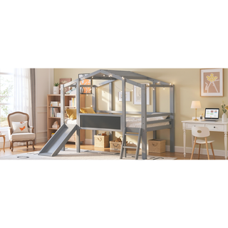Sunvega Twin Size Loft Bed with Ladder Slide Blackboard and Light Strip