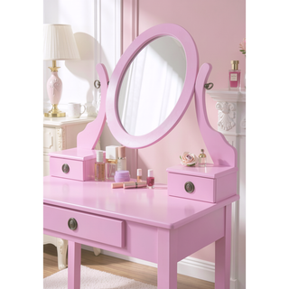 Sunvega Pink Wood Makeup Vanity Table and Stool Set with Mirror and Storage Drawers