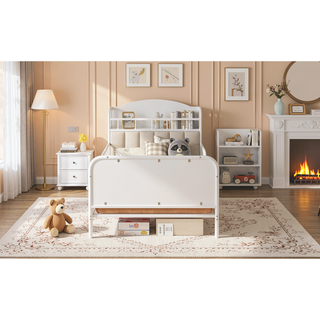 Sunvega Kids Full Metal Bed with Upholstered Headboard LED Lights and Storage