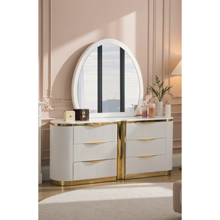 Sunvega White and Gold Six-Drawer Dresser with Soft-Closing Ball-Bearing Drawers
