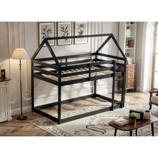 Sunvega Rubber Wood Twin over Twin Bunk Bed with Ladder and Guardrails