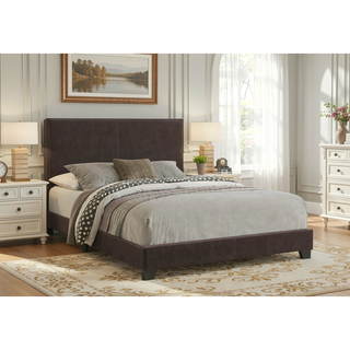 Sunvega Queen Size Upholstered Bed in Soft Dark Brown Leather-Look Material