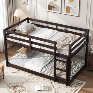Sunvega Twin over Twin Solid Wooden Bunk Bed with Ladder and Strengthened Slats