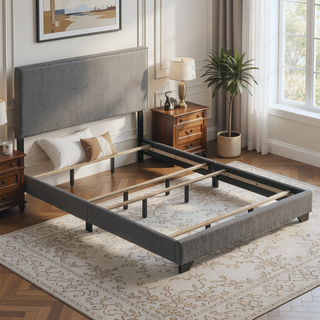 Sunvega Light Grey Queen Panel Bed with Nailhead Trim and Plush Upholstery