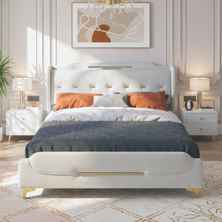Sunvega Queen Size Leather Bed Frame with Wingback Headboard and Gold Metal Decor