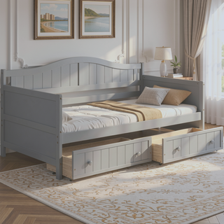 Sunvega Twin Wooden Daybed with Trundle Sofa Bed for Bedroom Living Room Gray