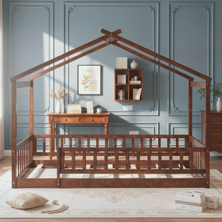 Sunvega Full Size House Bed Frame with Playhouse Fence and Roof for Kids