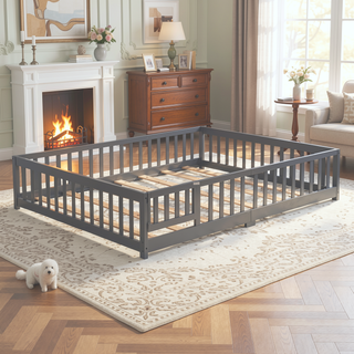 Sunvega Solid Wood Floor Bed with Safety Guardrails and Door for Children