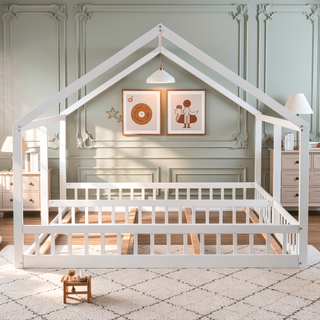 Sunvega Twin Size House Shaped Platform Beds with Safety Guardrails and Roof
