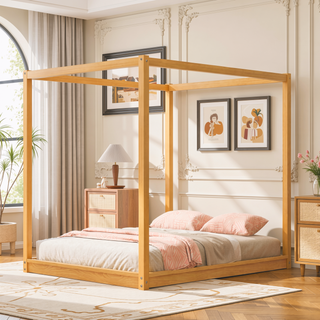 Sunvega White Queen Size Canopy Platform Bed with Support Legs and Sturdy Frame