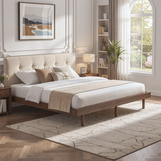 Sunvega Modern Floating Platform Bed Frame in Walnut with Sturdy Wood Construction