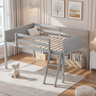Sunvega White Full Size Low Loft Wood Bed with Convertible Left or Right Ladder