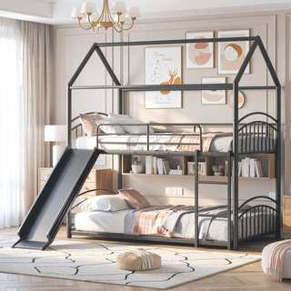 Sunvega Twin Over Twin Metal Bunk Bed With Slide And Removable Playhouse Roof