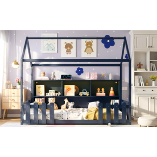 Sunvega Twin House Bed with LED Light Storage Bookshelf Guardrails for Kids Navy Blue