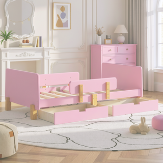 Sunvega Twin Size Solid Wood Platform Bed with Storage Drawers and Guardrail