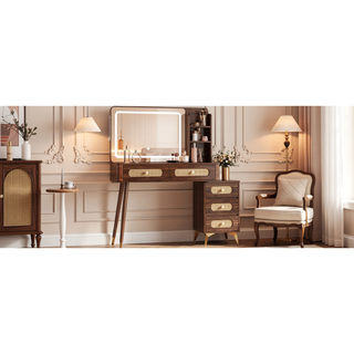 Sunvega Vintage Rattan Makeup Vanity with Mirror Lights and 5 Drawers