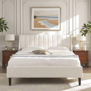 Sunvega Handmade Vertical Tufted Headboard Platform Bed Set in Light Beige Linen