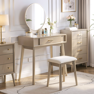 Sunvega Gold Modern Wood Vanity Set with Round Mirror and Matching Stool