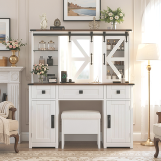 Sunvega Makeup Vanity with Sliding Mirror, LED Lights, Storage Stool, and Charging Station