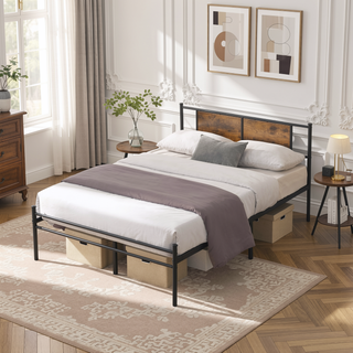 Sunvega King Size Metal Bedframe with Wood Panel Headboard and Under Storage