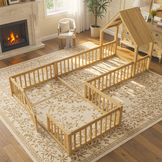 Sunvega Full Size House Floor Bed with Door and Full-Length Guardrails for Kids