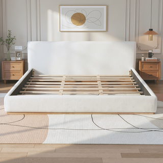 Sunvega Upholstered King Bed With Solid Wood Frame And Wooden Slatted Base White