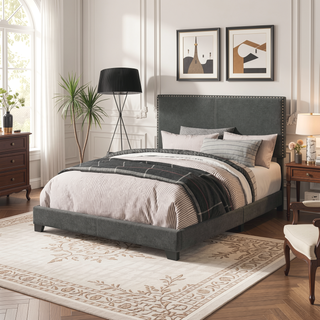 Sunvega Full Bed with Nailhead Trim and Solid Wood Legs in Modern Black Finish