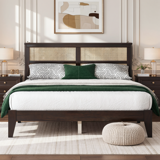 Sunvega Full Size Bed with Rattan Headboard Two Storage Drawers and Enhanced Support Slats