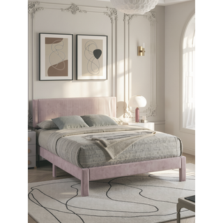 Sunvega Pink Ribbed Upholstered Headboard with Low-Profile Frame for Youth Bedroom