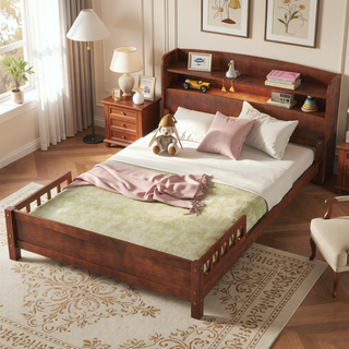 Sunvega Full Pine Wood Bed with Bookcase Headboard and LED Motion Sensor Light