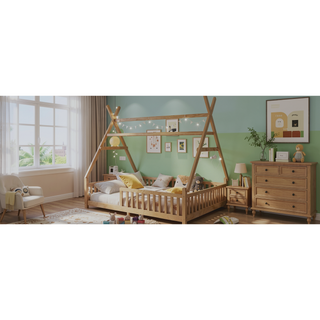 Sunvega Full Size Low Profile House Bed with LED Light Roof and Safety Fence