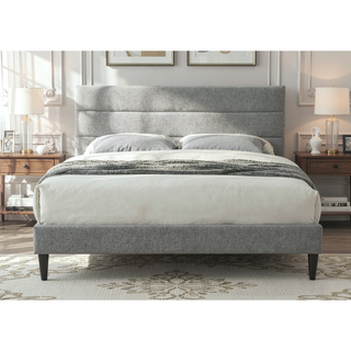Sunvega Queen Upholstered Pleated Bed in a Box with Sturdy Dark Brown Frame
