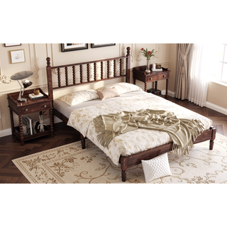 Sunvega Retro Style Queen Size Wood Platform Bed with Gourd Shaped Headboard and Slat Support