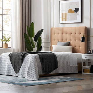 Sunvega Beige Linen-Inspired Upholstered Tufted Headboard for Full XL Beds